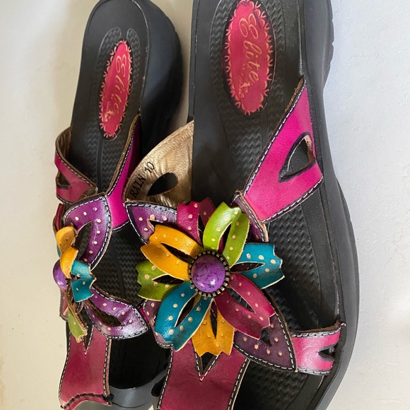 Elite By Corkys Sandals Size 10 Rain Leather Colorful Slides Flower - Picture 2 of 9